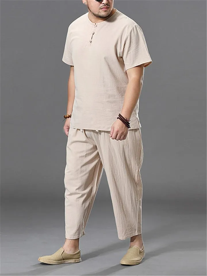 Loose Fit Linen 2-Piece Round Neck Button T-Shirt   Drawstring Cropped Pants