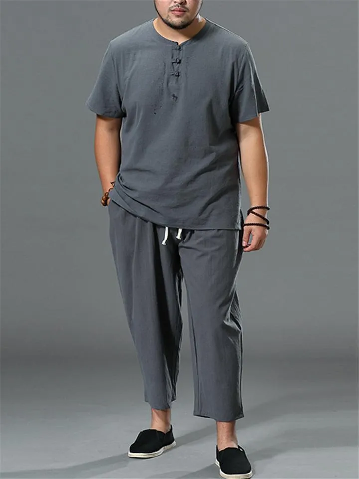 Loose Fit Linen 2-Piece Round Neck Button T-Shirt   Drawstring Cropped Pants