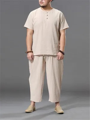 Loose Fit Linen 2-Piece Round Neck Button T-Shirt   Drawstring Cropped Pants