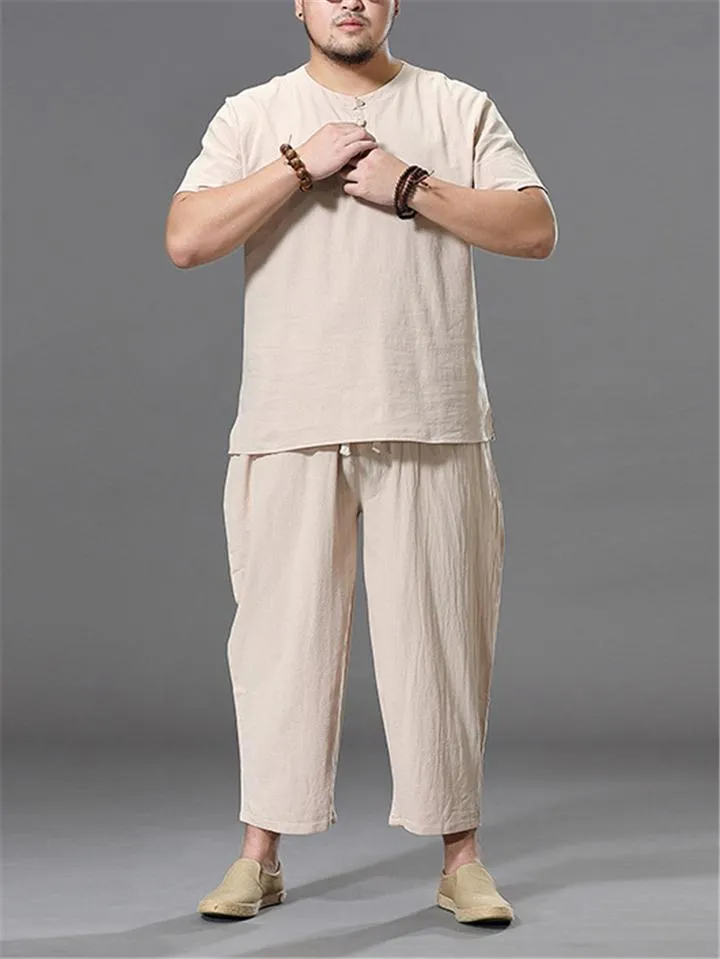 Loose Fit Linen 2-Piece Round Neck Button T-Shirt   Drawstring Cropped Pants
