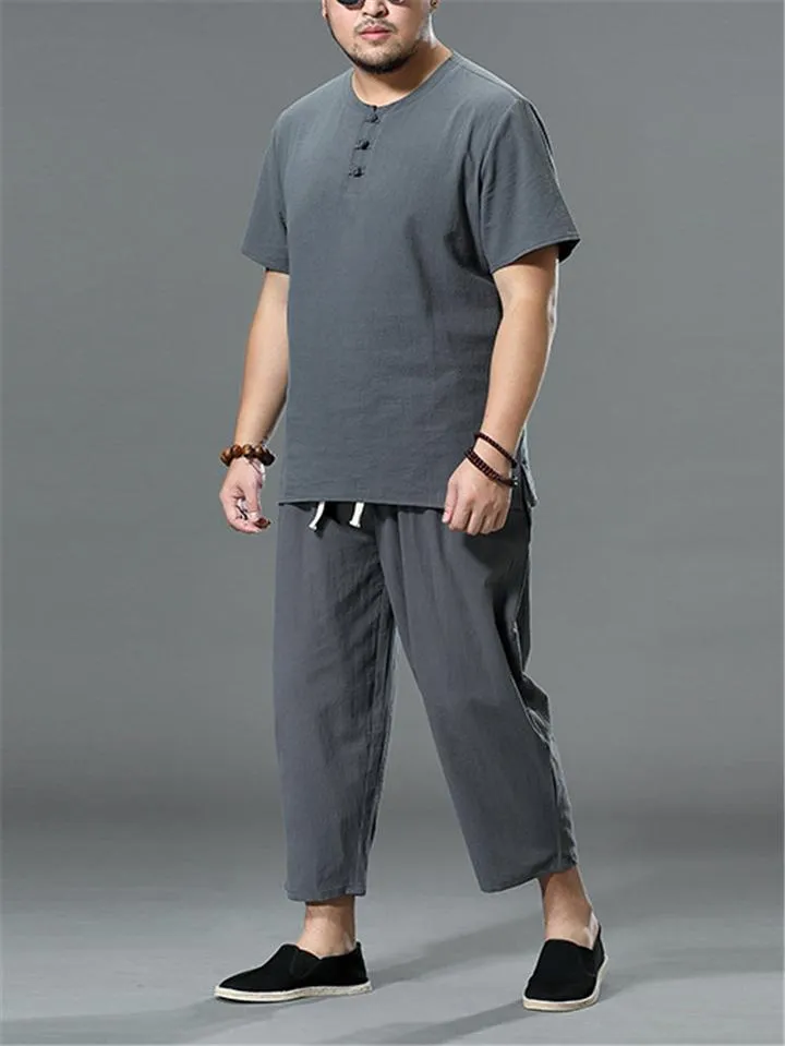 Loose Fit Linen 2-Piece Round Neck Button T-Shirt   Drawstring Cropped Pants