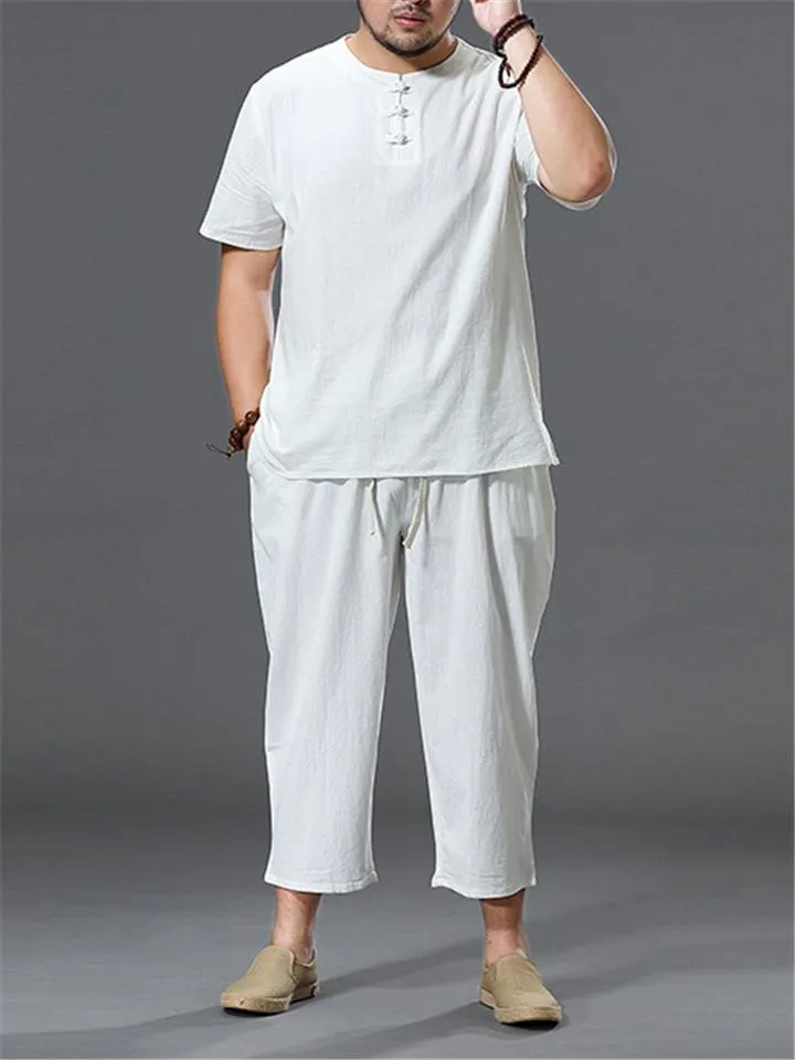 Loose Fit Linen 2-Piece Round Neck Button T-Shirt   Drawstring Cropped Pants