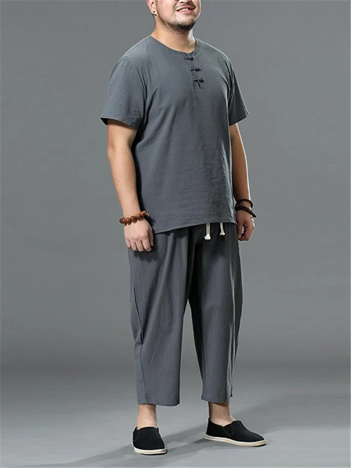 Loose Fit Linen 2-Piece Round Neck Button T-Shirt   Drawstring Cropped Pants