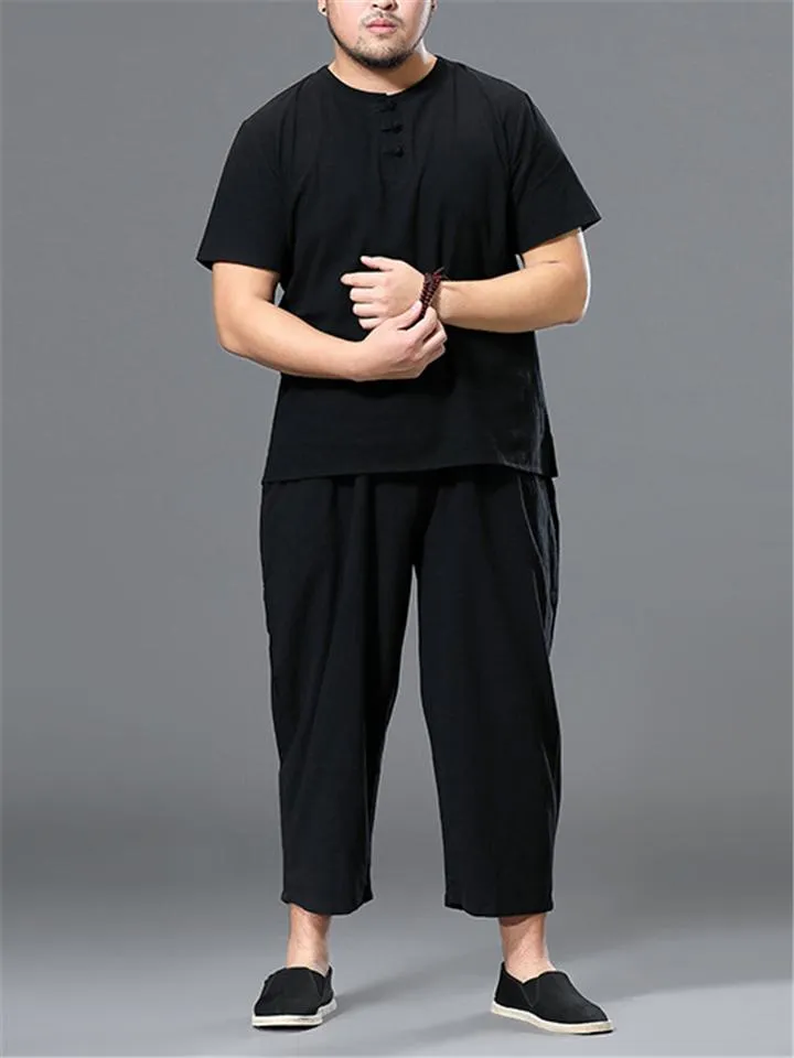 Loose Fit Linen 2-Piece Round Neck Button T-Shirt   Drawstring Cropped Pants