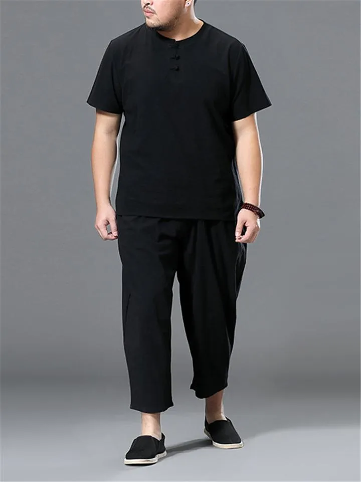 Loose Fit Linen 2-Piece Round Neck Button T-Shirt   Drawstring Cropped Pants