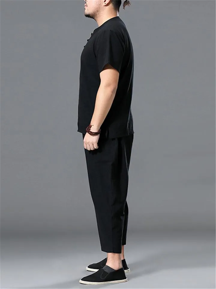Loose Fit Linen 2-Piece Round Neck Button T-Shirt   Drawstring Cropped Pants