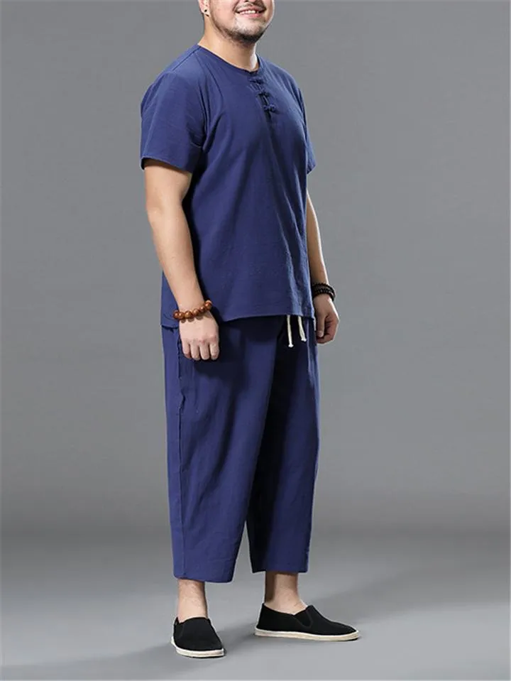 Loose Fit Linen 2-Piece Round Neck Button T-Shirt   Drawstring Cropped Pants