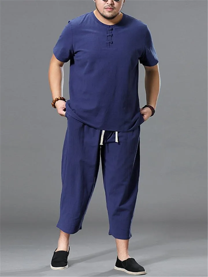 Loose Fit Linen 2-Piece Round Neck Button T-Shirt   Drawstring Cropped Pants