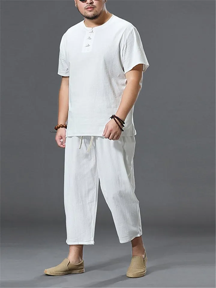 Loose Fit Linen 2-Piece Round Neck Button T-Shirt   Drawstring Cropped Pants