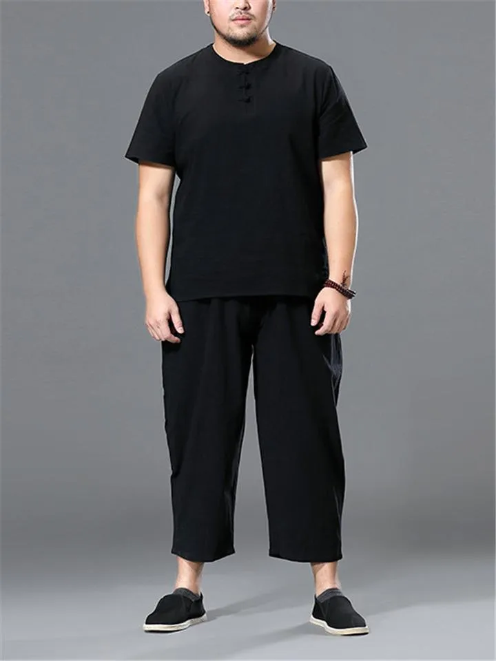 Loose Fit Linen 2-Piece Round Neck Button T-Shirt   Drawstring Cropped Pants