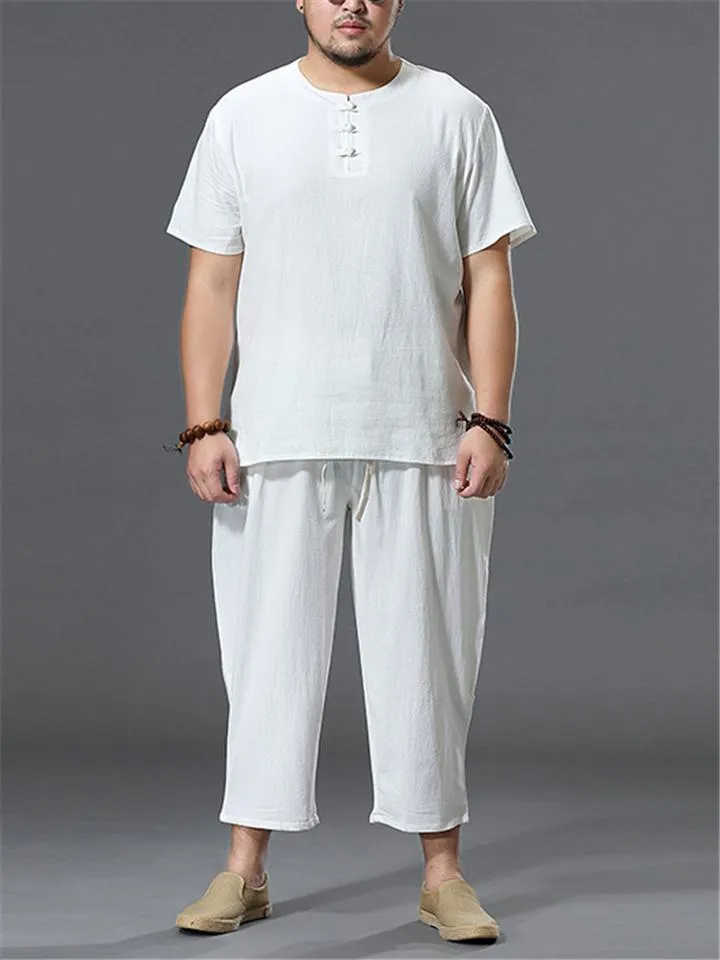 Loose Fit Linen 2-Piece Round Neck Button T-Shirt   Drawstring Cropped Pants