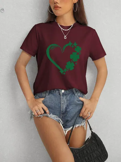 Lucky Clover Heart Round Neck Short Sleeve T-Shirt