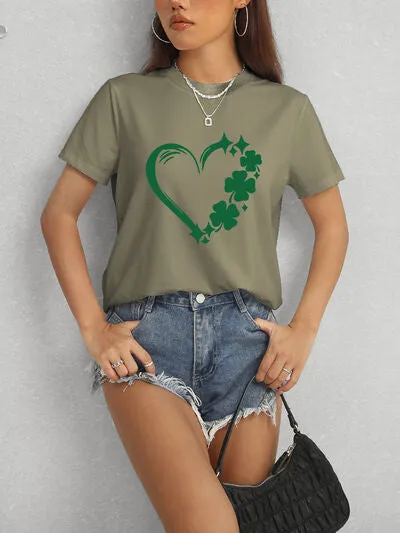Lucky Clover Heart Round Neck Short Sleeve T-Shirt