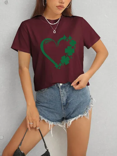 Lucky Clover Heart Round Neck Short Sleeve T-Shirt