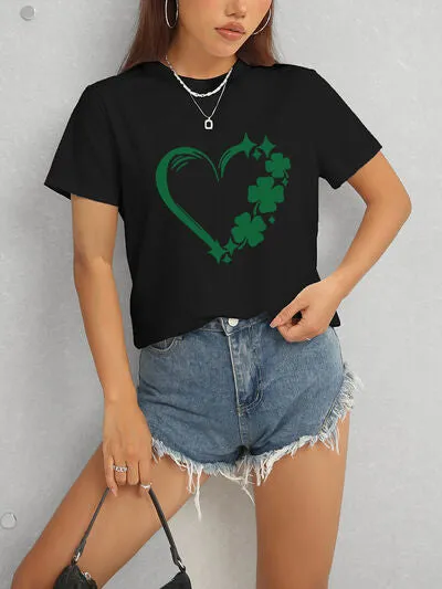 Lucky Clover Heart Round Neck Short Sleeve T-Shirt