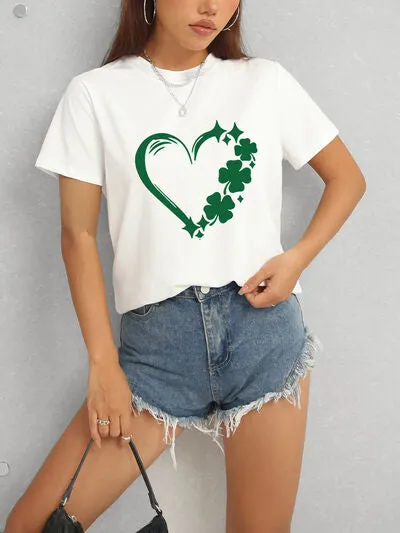Lucky Clover Heart Round Neck Short Sleeve T-Shirt