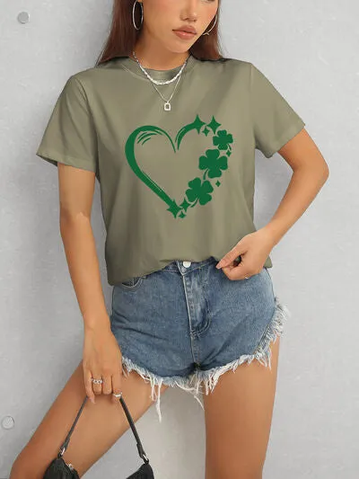 Lucky Clover Heart Round Neck Short Sleeve T-Shirt