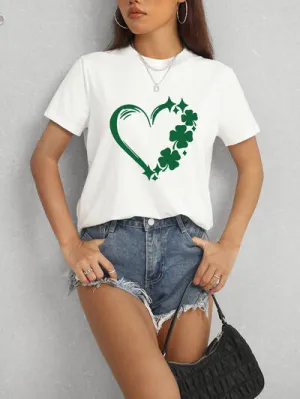 Lucky Clover Heart Round Neck Short Sleeve T-Shirt
