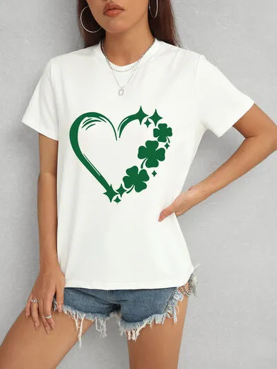 Lucky Clover Heart Round Neck Short Sleeve T-Shirt