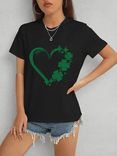 Lucky Clover Heart Round Neck Short Sleeve T-Shirt