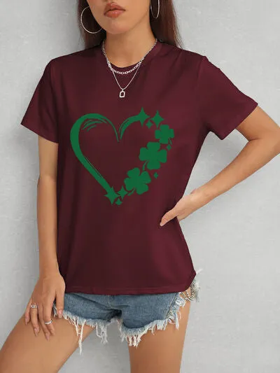 Lucky Clover Heart Round Neck Short Sleeve T-Shirt