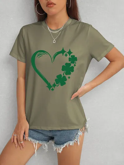 Lucky Clover Heart Round Neck Short Sleeve T-Shirt