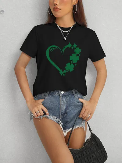 Lucky Clover Heart Round Neck Short Sleeve T-Shirt