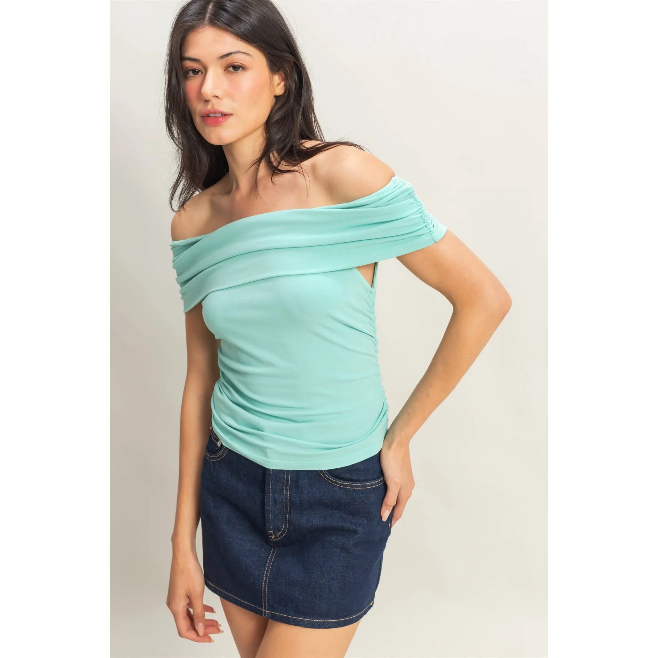 Mara- Off-The-Shoulder Side Ruched Top