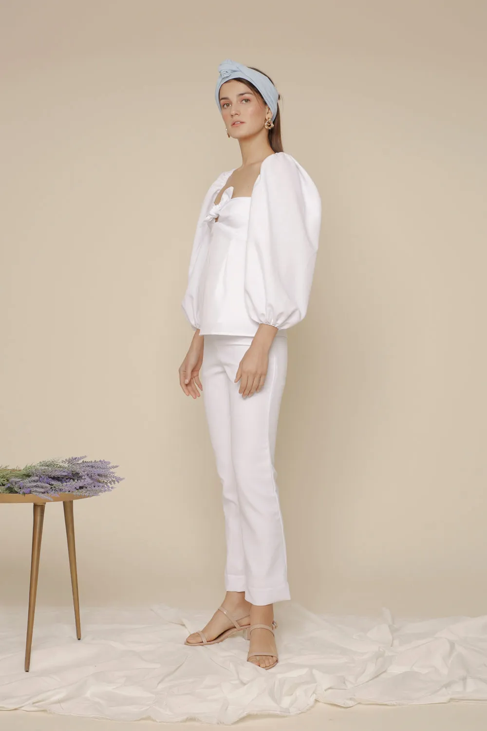 MARI SET Puff Sleeve Blouse with Tie and High Waist Slim Trouser (White Linen)