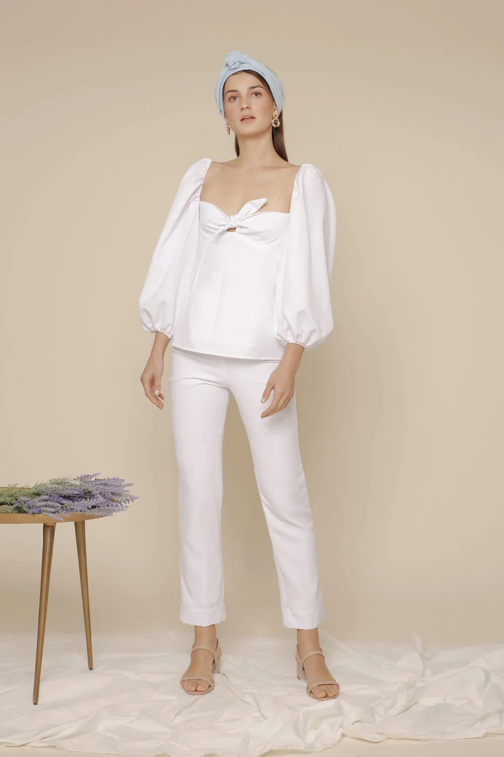 MARI SET Puff Sleeve Blouse with Tie and High Waist Slim Trouser (White Linen)