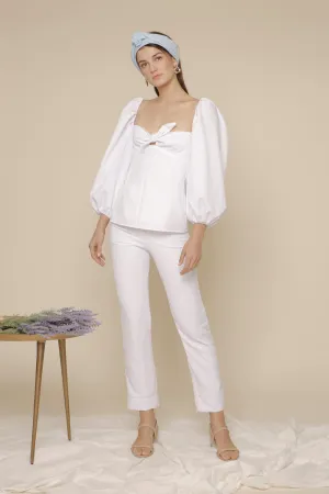 MARI SET Puff Sleeve Blouse with Tie and High Waist Slim Trouser (White Linen)