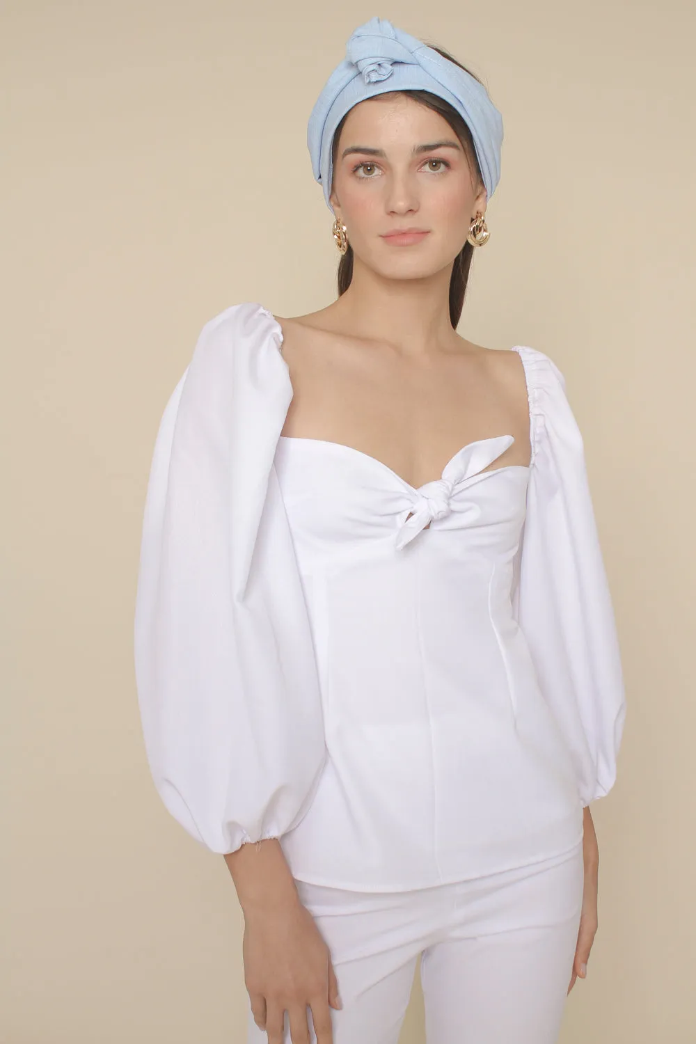 MARI SET Puff Sleeve Blouse with Tie and High Waist Slim Trouser (White Linen)