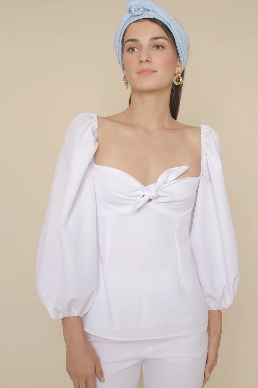 MARI SET Puff Sleeve Blouse with Tie and High Waist Slim Trouser (White Linen)