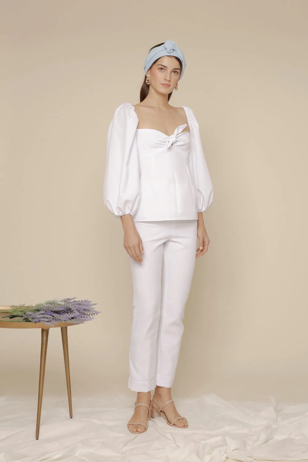 MARI SET Puff Sleeve Blouse with Tie and High Waist Slim Trouser (White Linen)