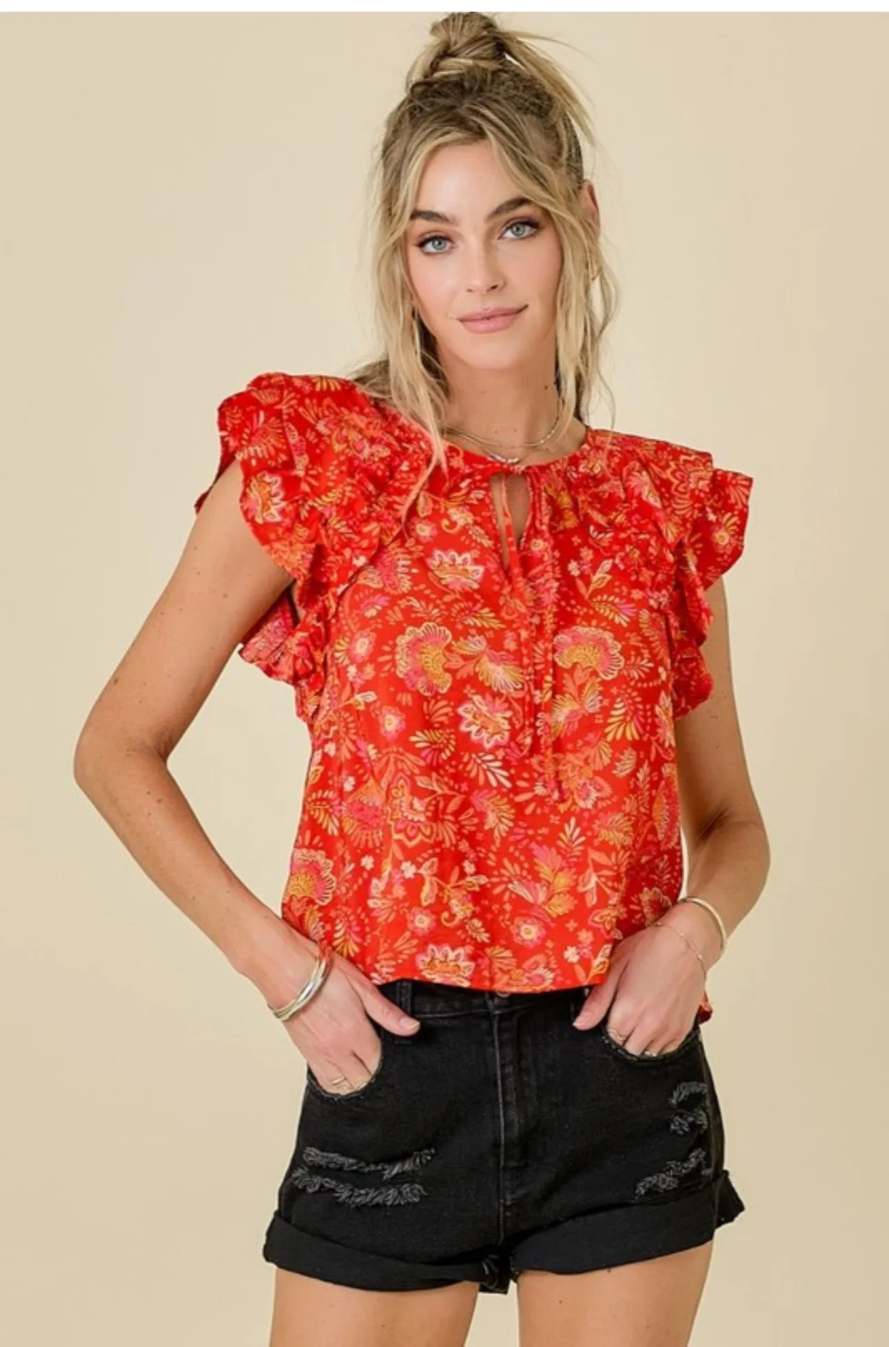 Mila- Floral Print Ruffle Sleeve Top