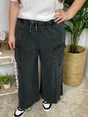 Mineral Washed Terry Cargo Wide Leg Pants in 2 Colors in Curvy