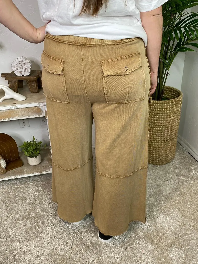 Mineral Washed Terry Cargo Wide Leg Pants in 2 Colors in Curvy