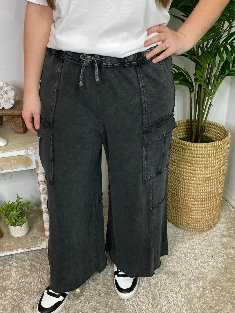 Mineral Washed Terry Cargo Wide Leg Pants in 2 Colors in Curvy