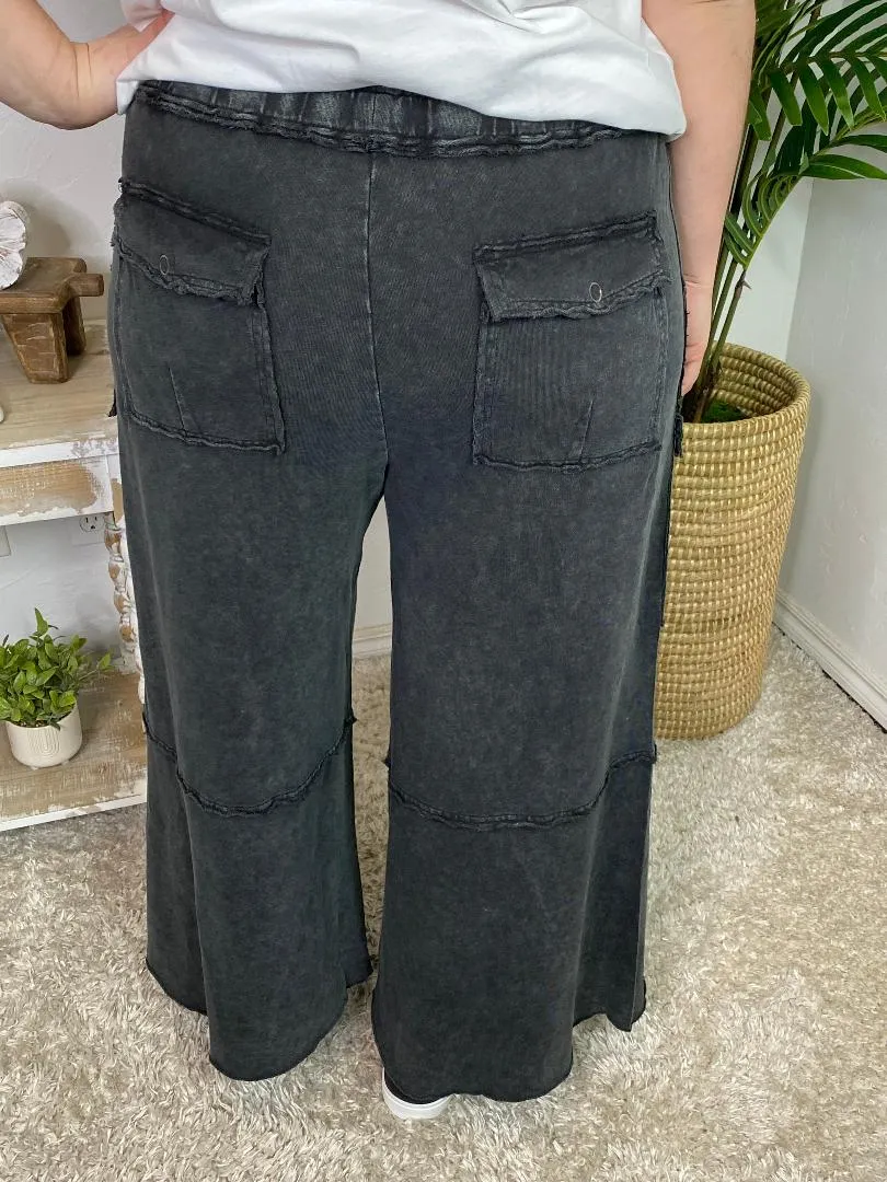 Mineral Washed Terry Cargo Wide Leg Pants in 2 Colors in Curvy