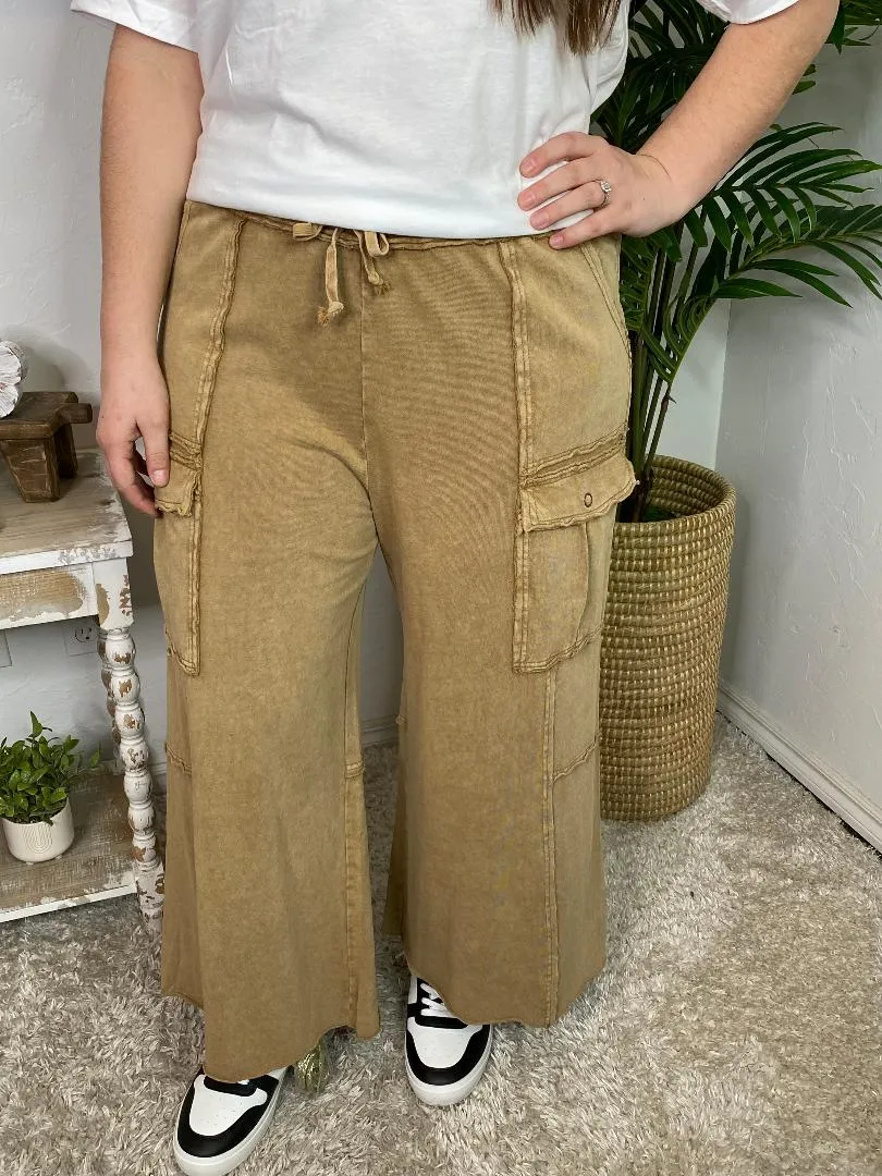 Mineral Washed Terry Cargo Wide Leg Pants in 2 Colors in Curvy