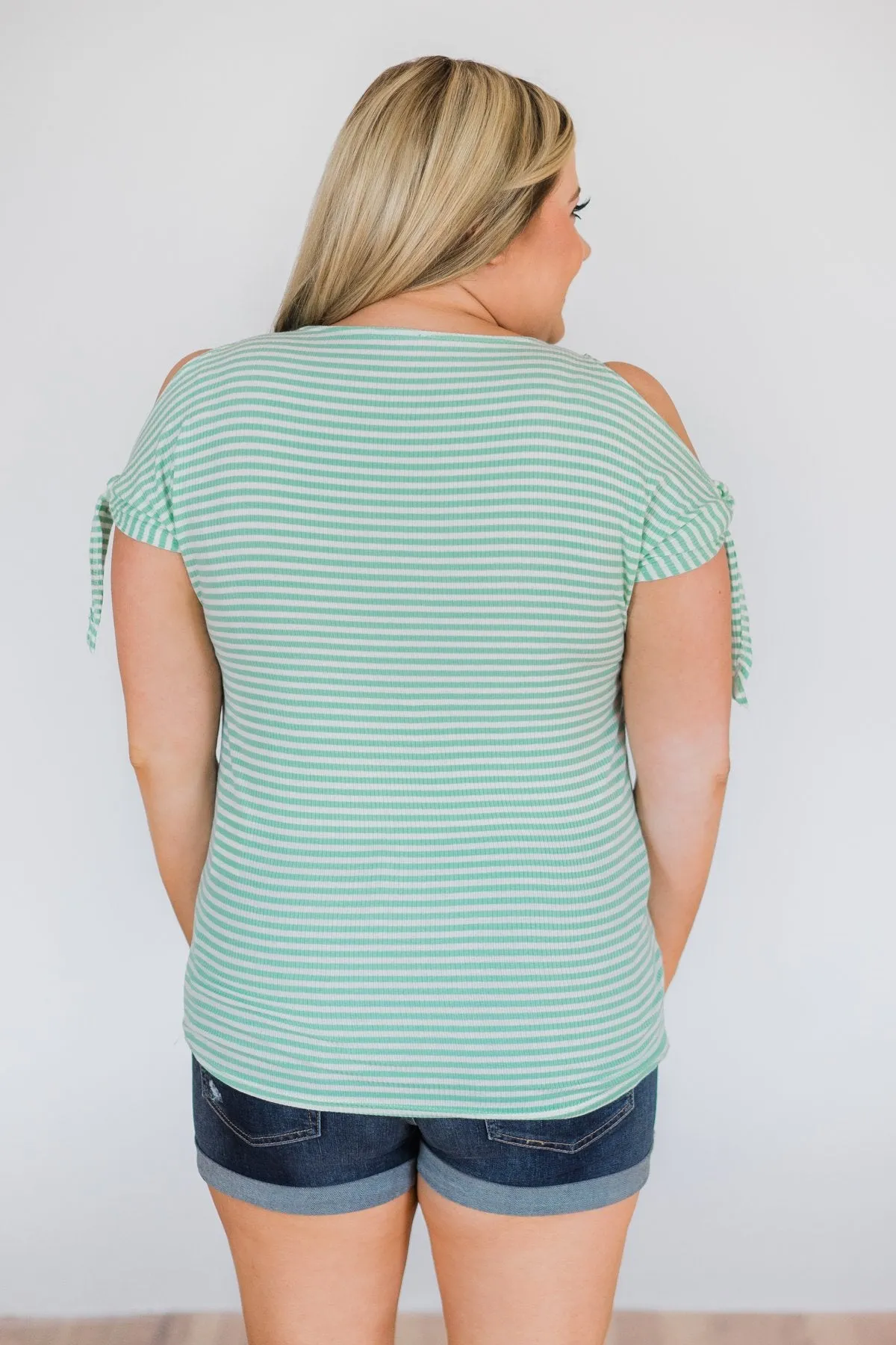 Mint Striped Cold Shoulder Top