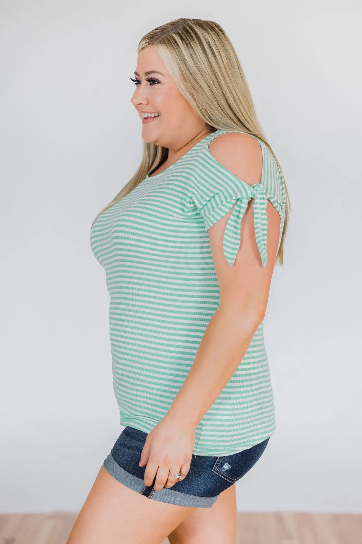 Mint Striped Cold Shoulder Top