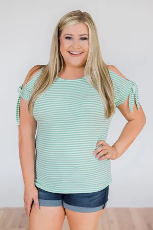 Mint Striped Cold Shoulder Top