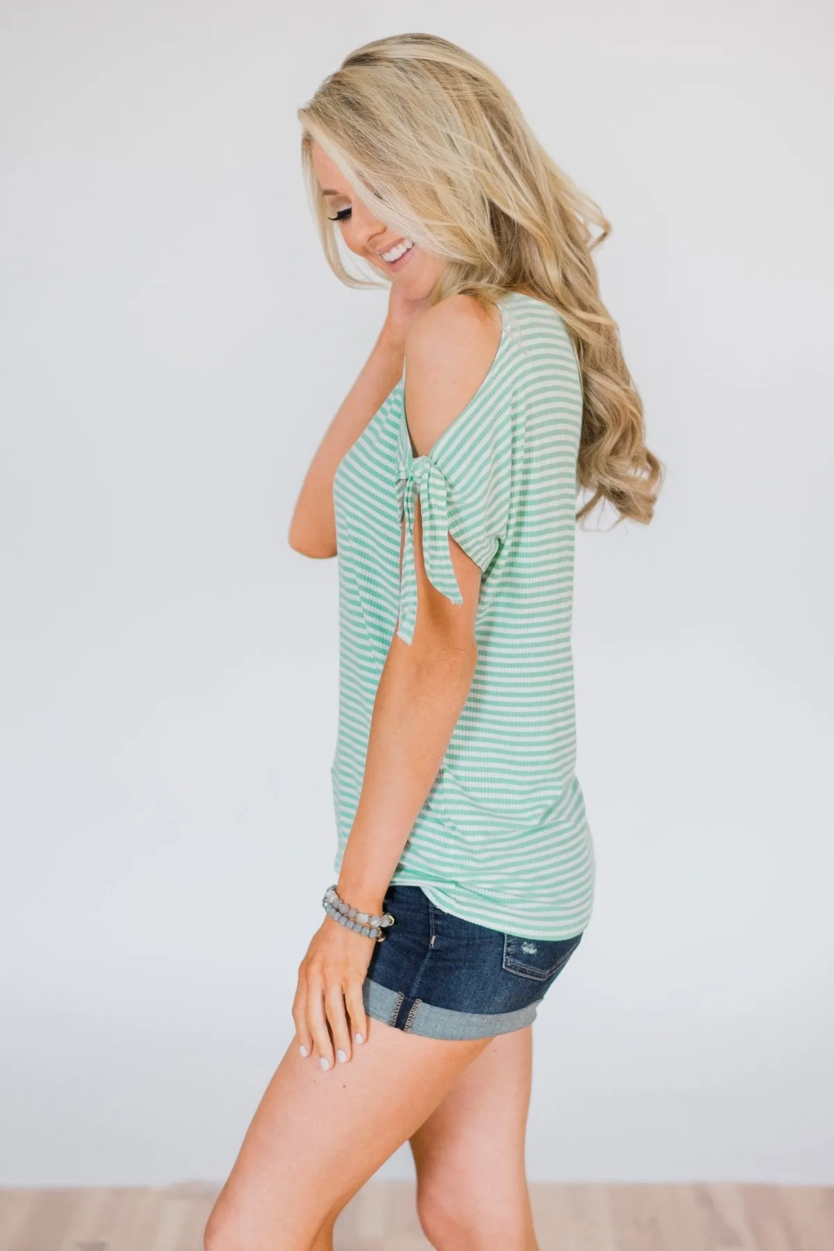 Mint Striped Cold Shoulder Top