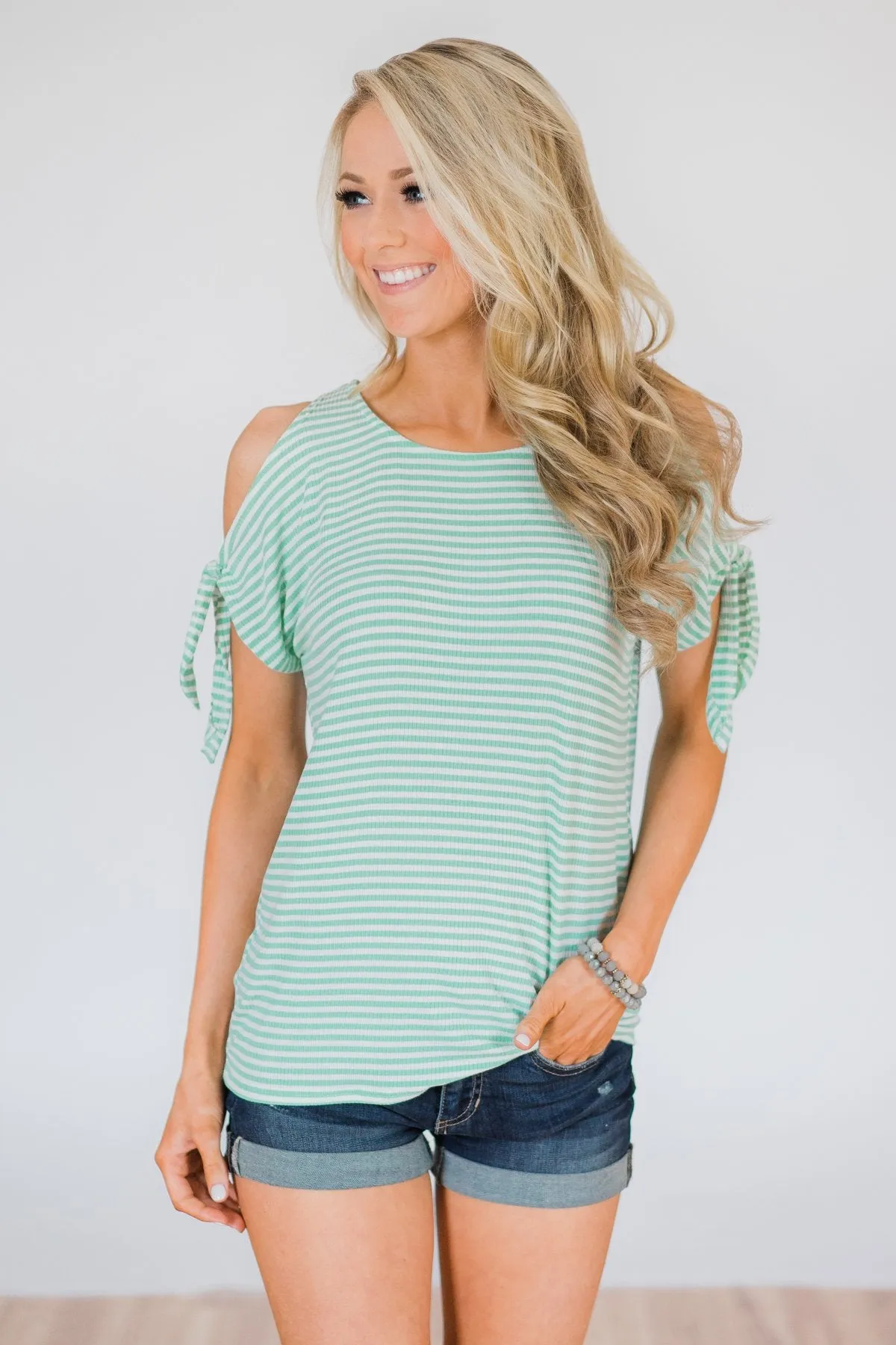 Mint Striped Cold Shoulder Top