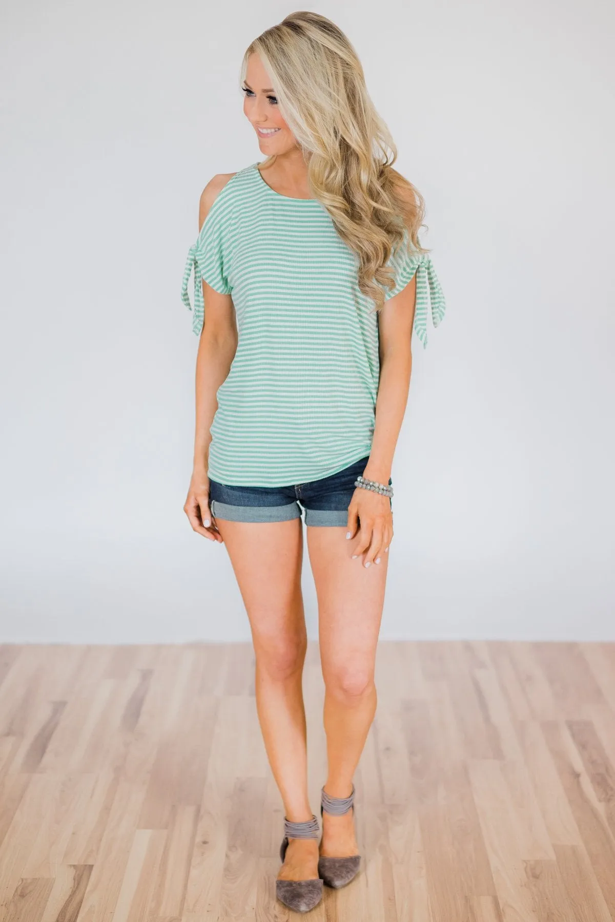 Mint Striped Cold Shoulder Top