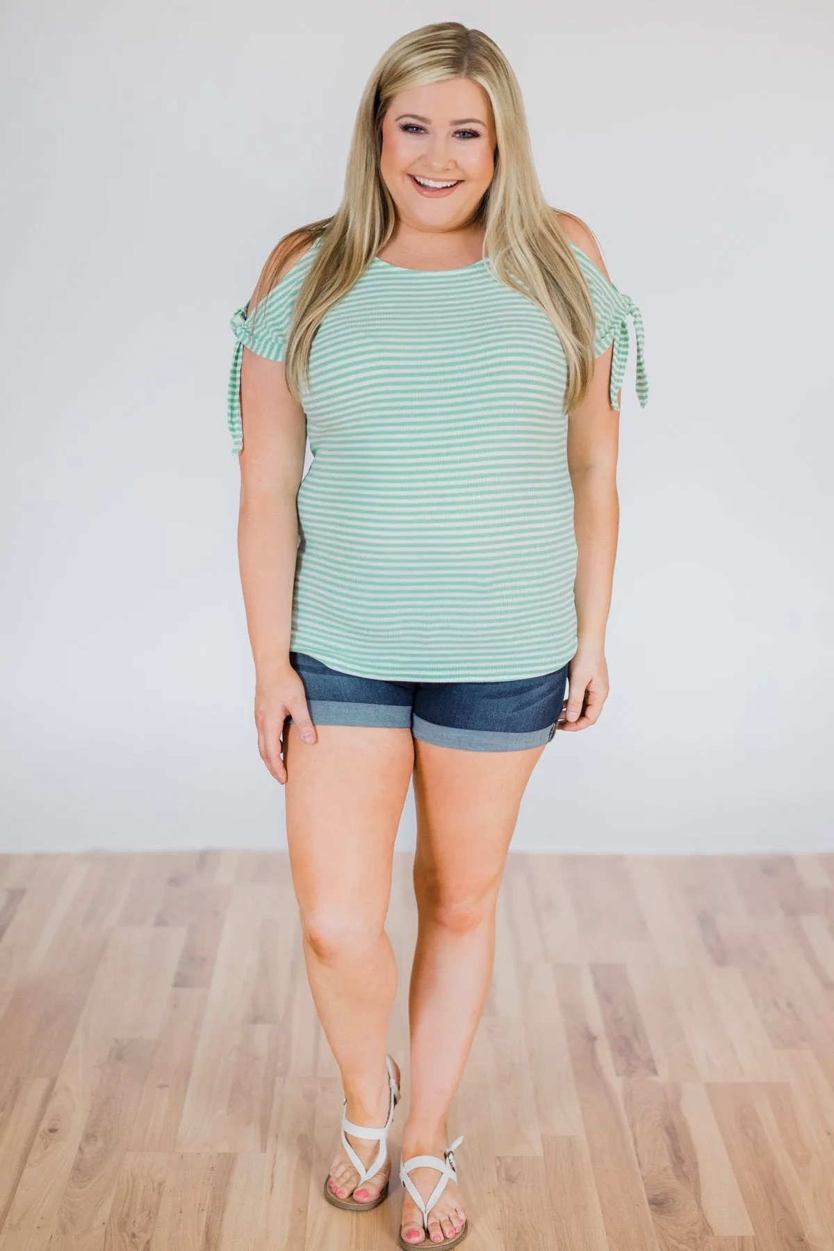 Mint Striped Cold Shoulder Top