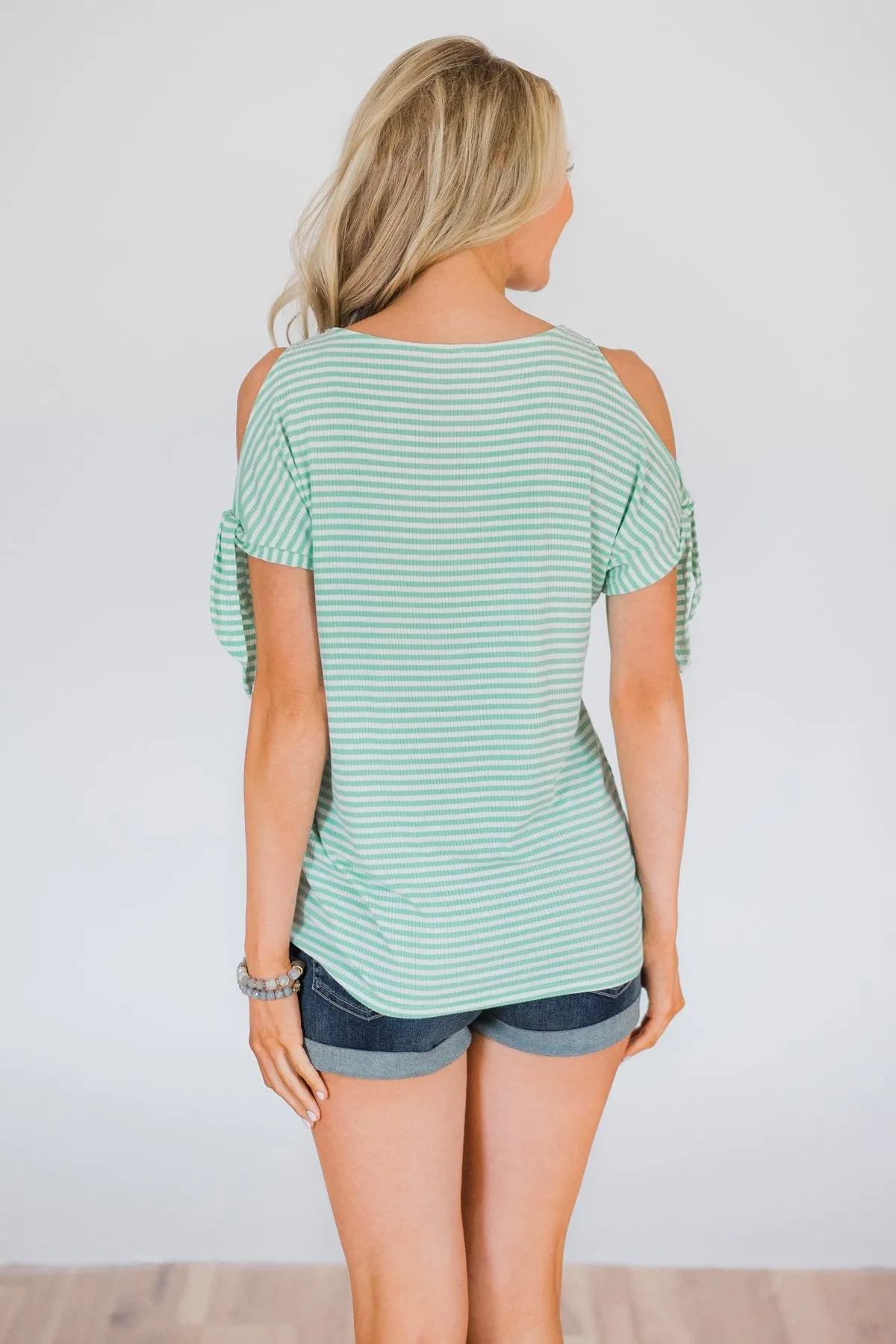 Mint Striped Cold Shoulder Top