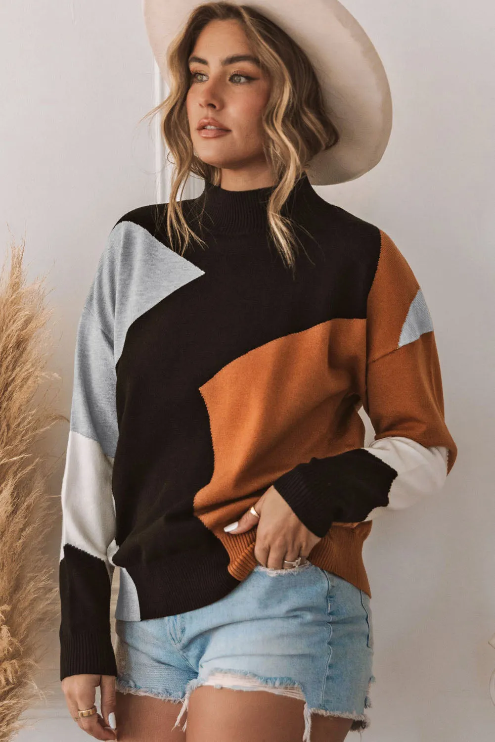 Mock Neck Drop Shoulder Knit Sweater