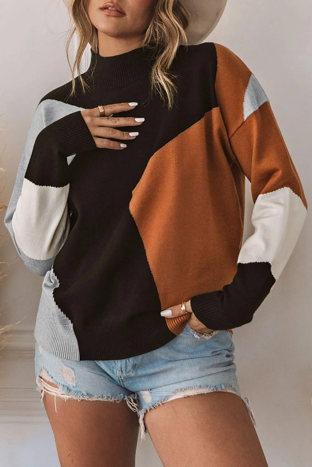 Mock Neck Drop Shoulder Knit Sweater